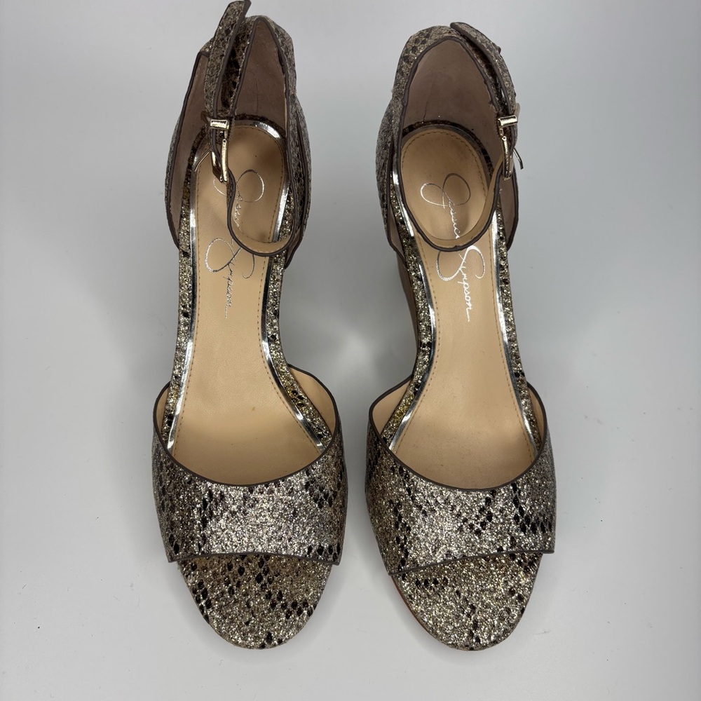 SH2 Jessica Simpson Cervena‎ Shimmery Snake Print Gold Wedge Party Sandals 8.5M